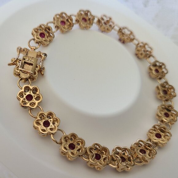 Elegant Genuine Ruby & Diamond Flower Bracelet - Picture 7 of 9